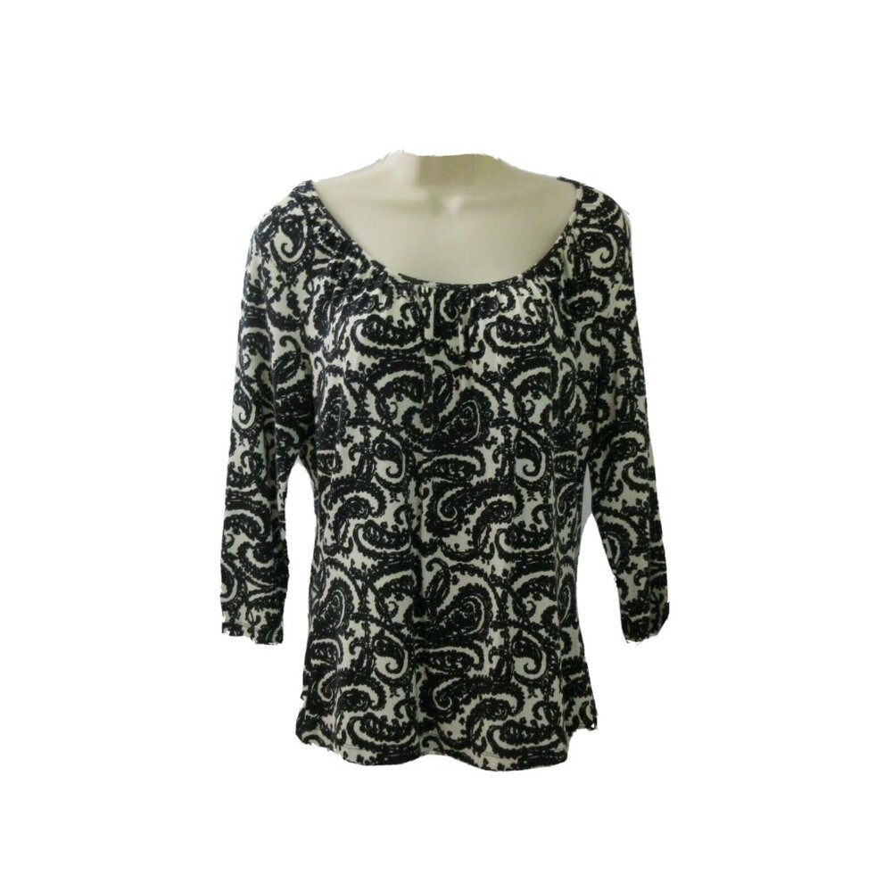 TALBOTS Top Size Medium Black White Paisley Pullover Scoop Neck ¾ Sleeve Stretch